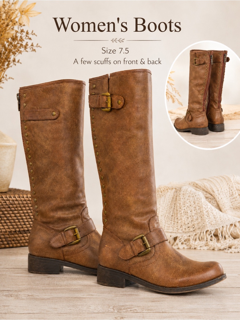 Tan Women's Tall Buckle Riding Boots zipper in back, has small scuffs